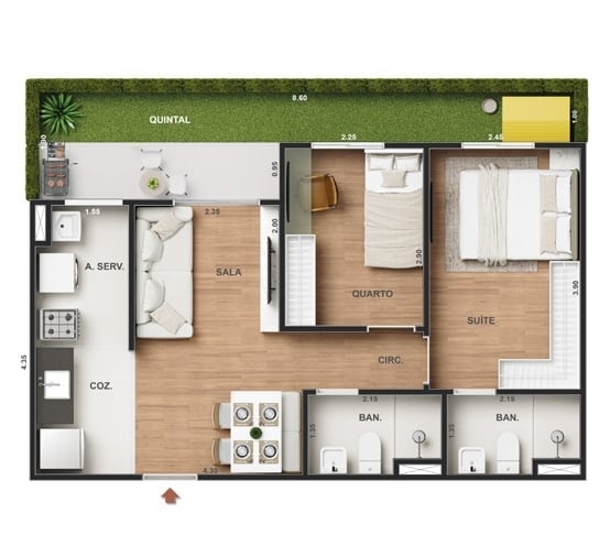 Planta 07 - 2 dorm 54,95m - garden