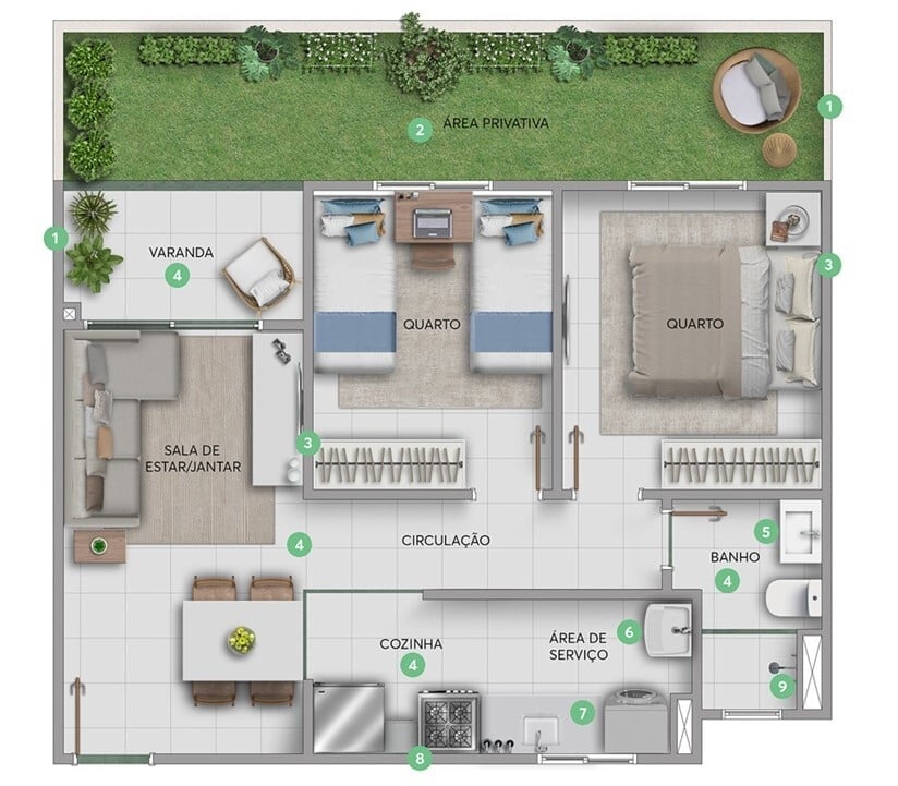 Planta 02 - 2 dorm 53,73m - garden