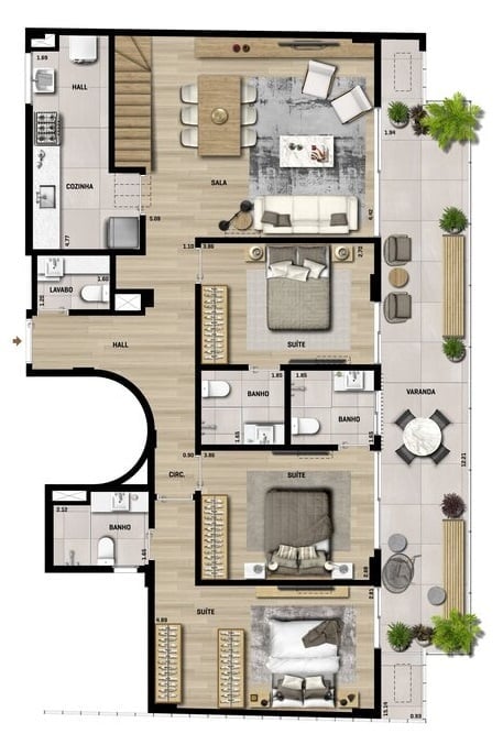 Planta 10 - 3 dorm 261 50m - cobertura duplex - inferior