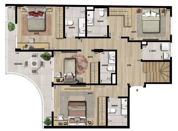 Planta 08 - 4 dorm 213 90m - cobertura duplex - inferior