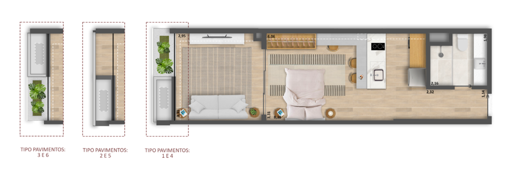 Planta 01 - 1 dorm 43,74m - studio