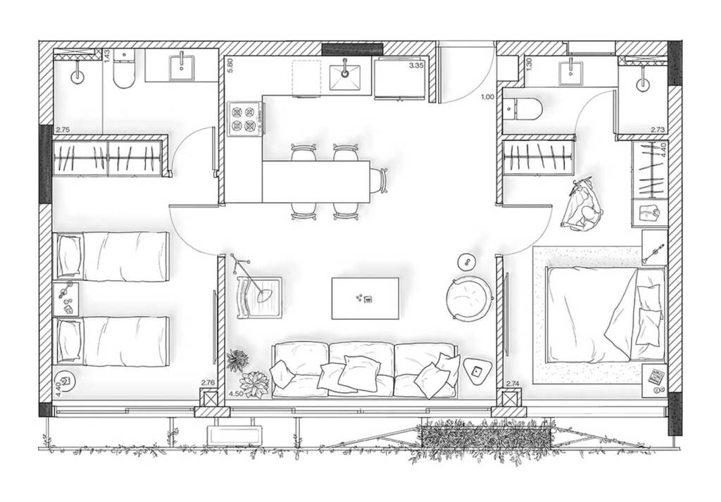 Planta 01 - 2 dorm 65m