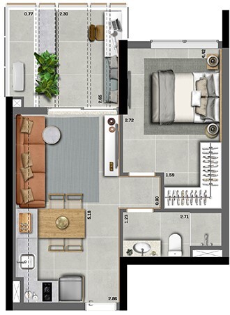 Planta 02 - 1 dorm 44m