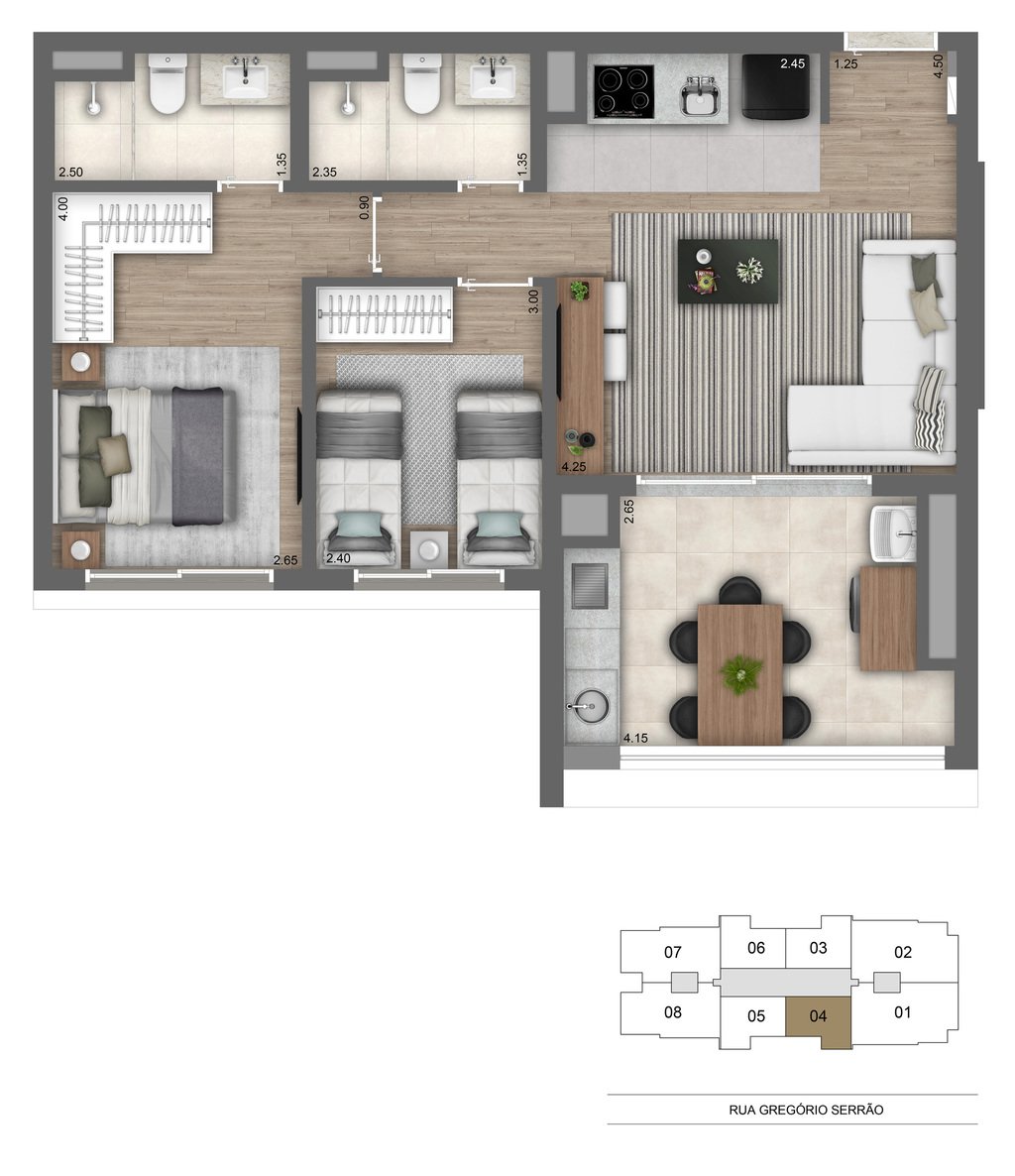 Planta 01 - 2 dorm 65m