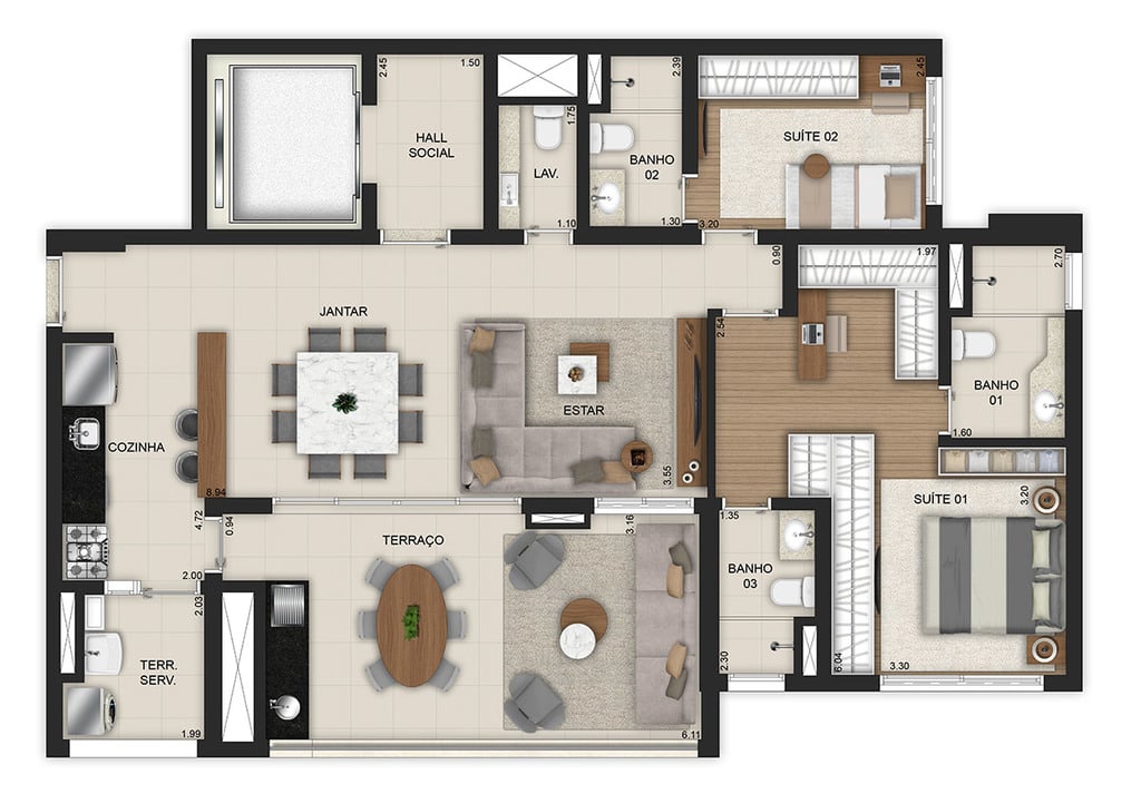 Planta 07 - 2 dorm 121m - opo