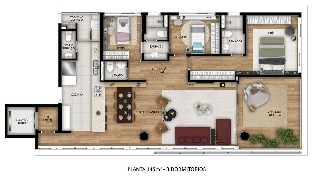 Planta 02 - 3 dorm 145m