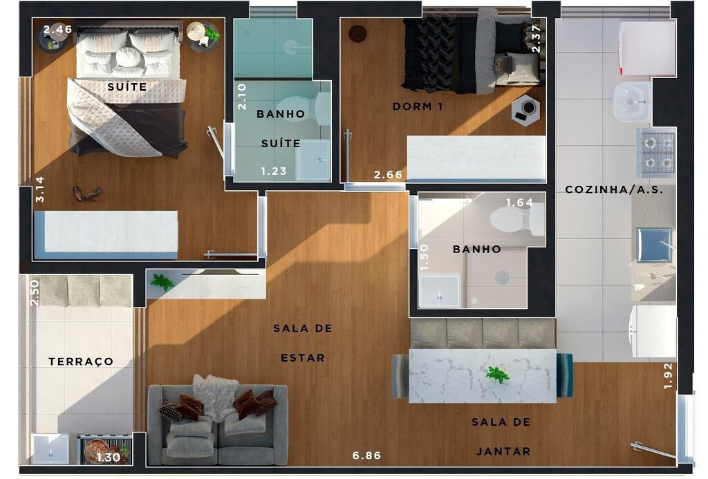 Planta 01 - 2 dorm 52 76m