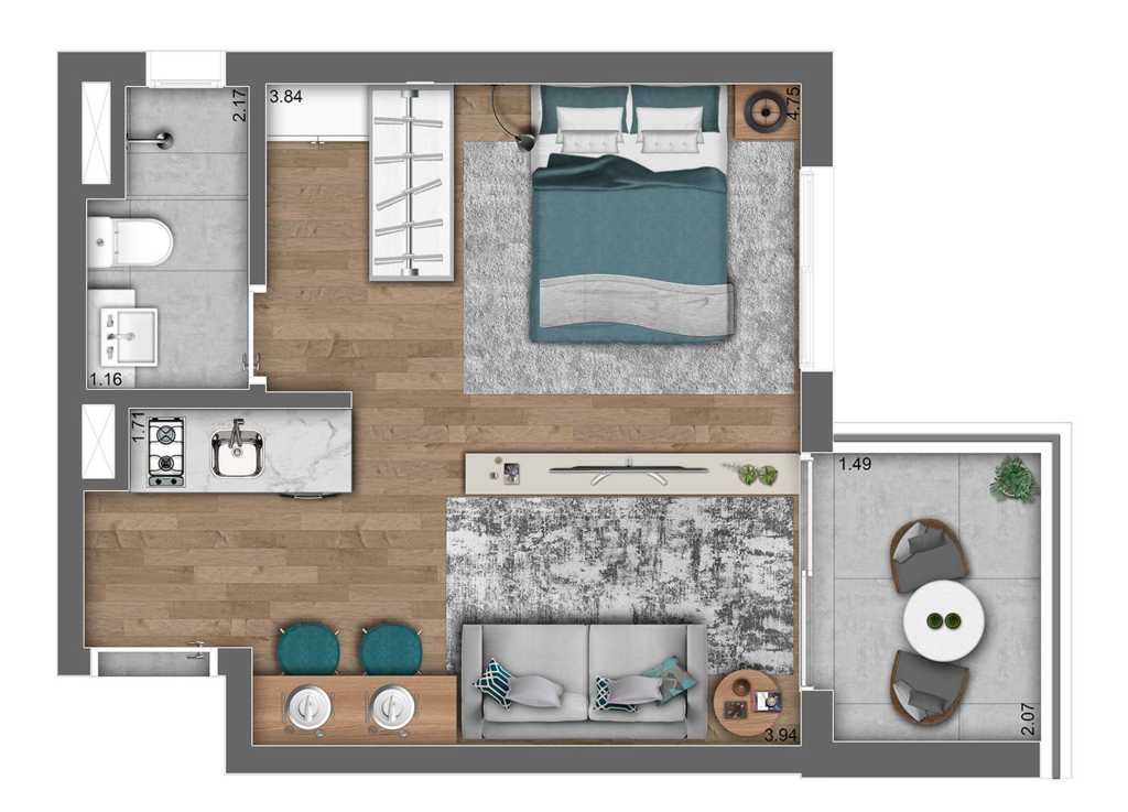Planta 05 - 1 dorm 30m - studio