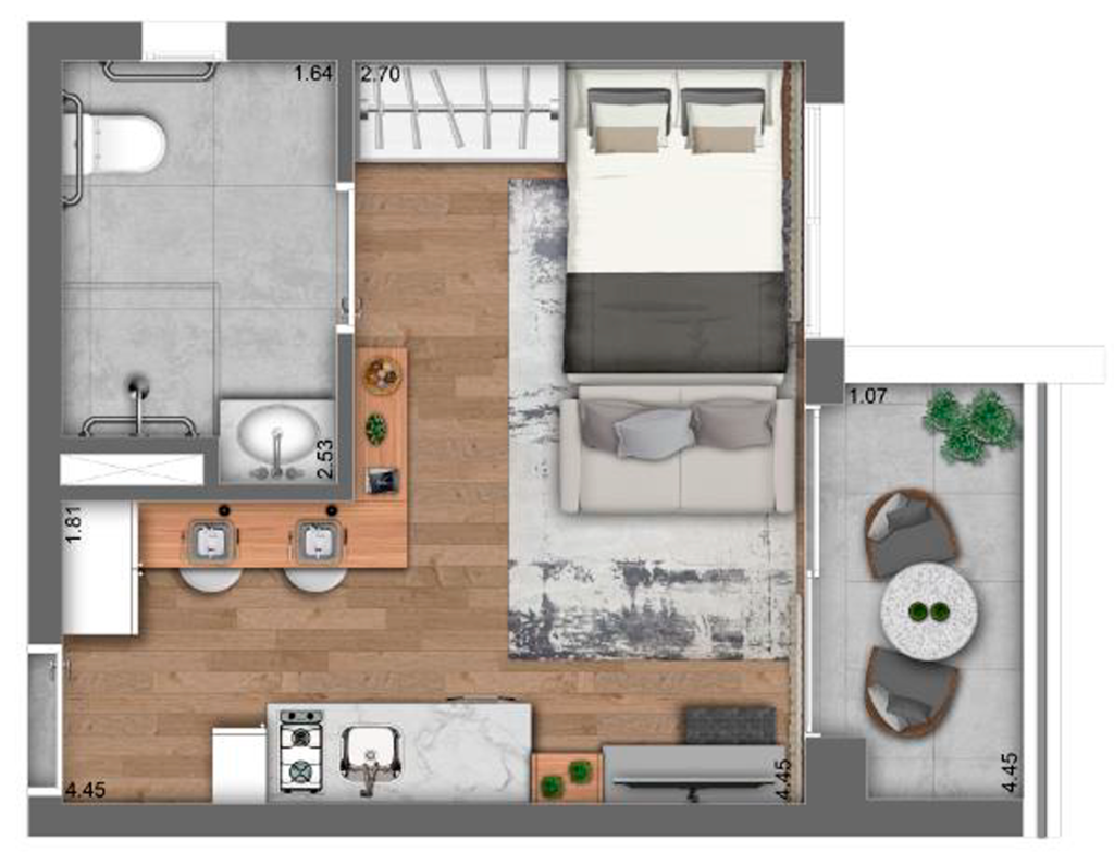 Planta 04 - 1 dorm 26m - studio