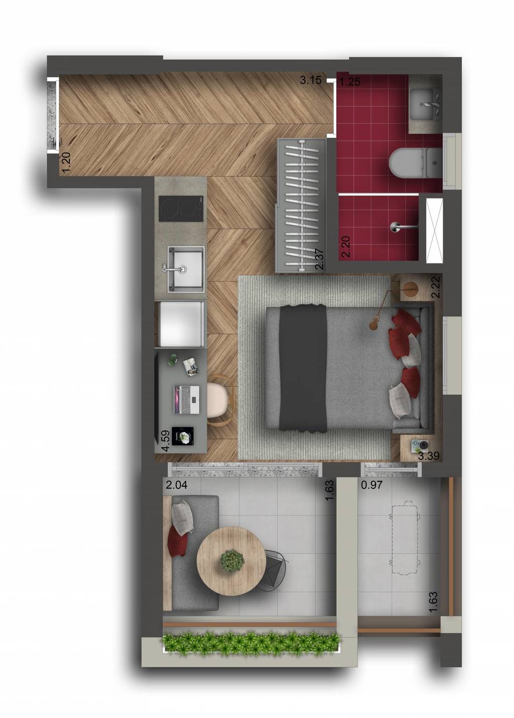 Planta 03 - 1 dorm 27m - studio