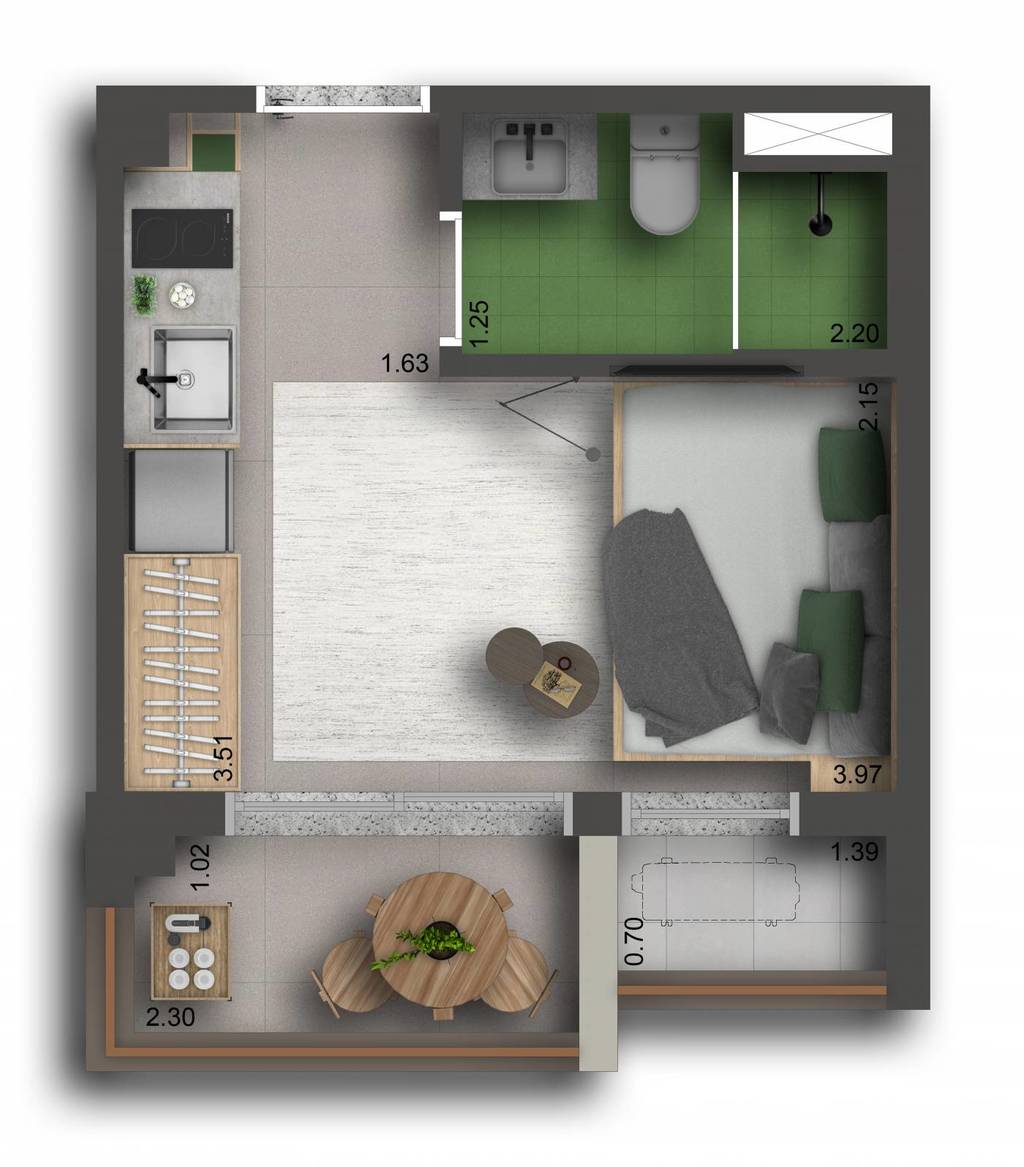 Planta 01 - 1 dorm 20m - studio