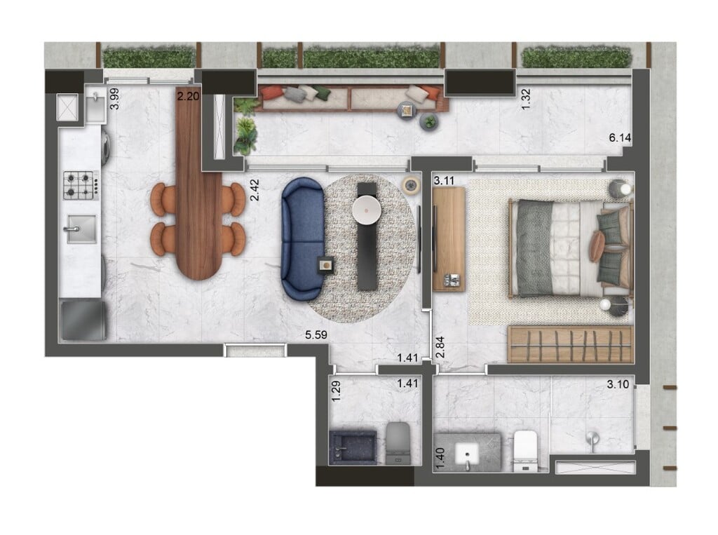 Planta 02 - 1 dorm 53,70m