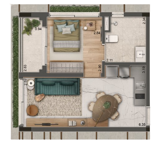 Planta 02 - 1 dorm 45m