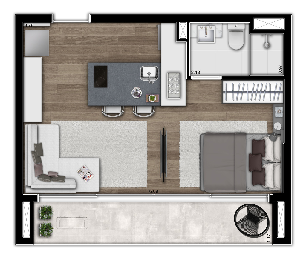 Planta 02 - 1 dorm 34m - studio opo