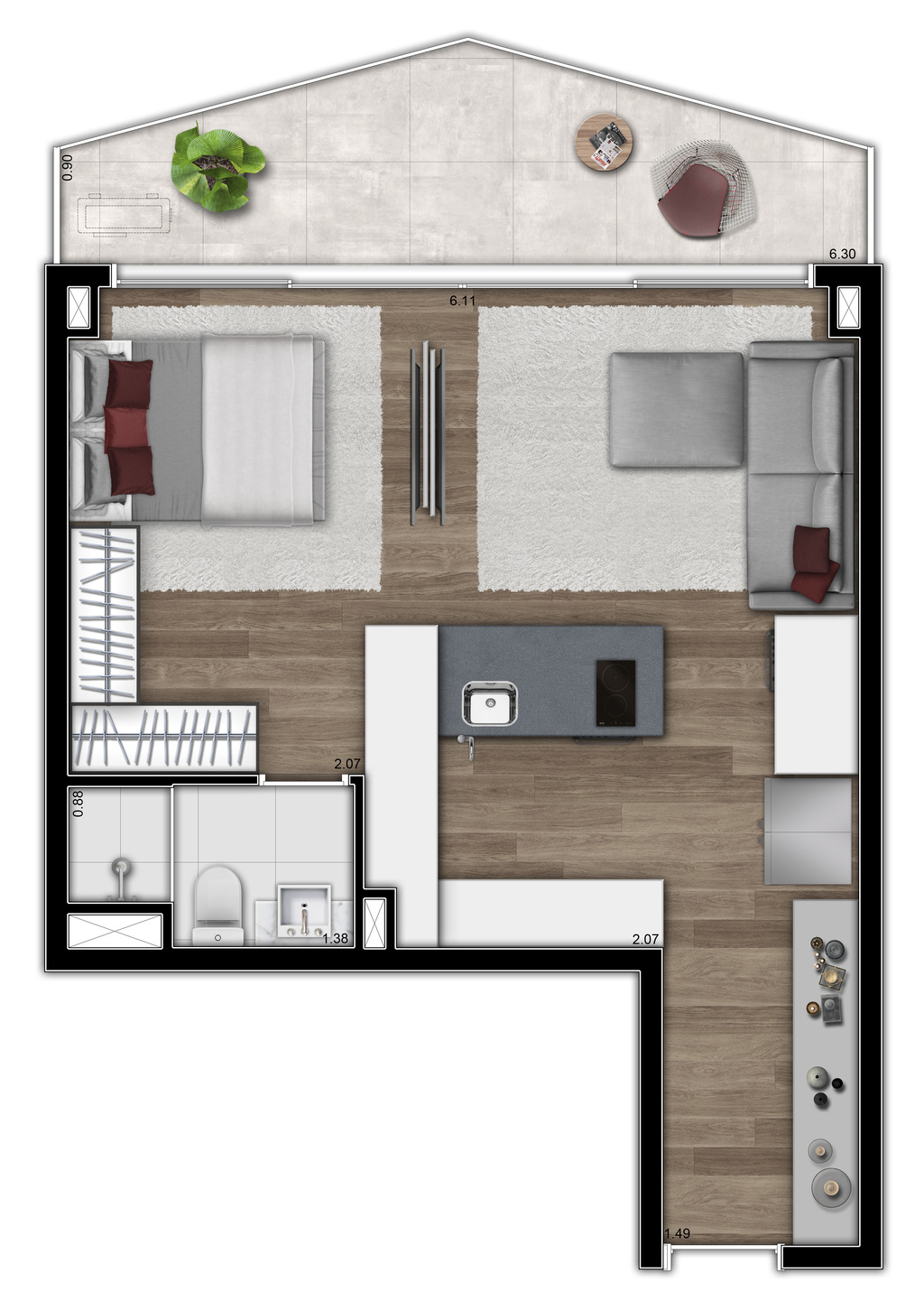 Planta 08 - 1 dorm 46m - studio opo