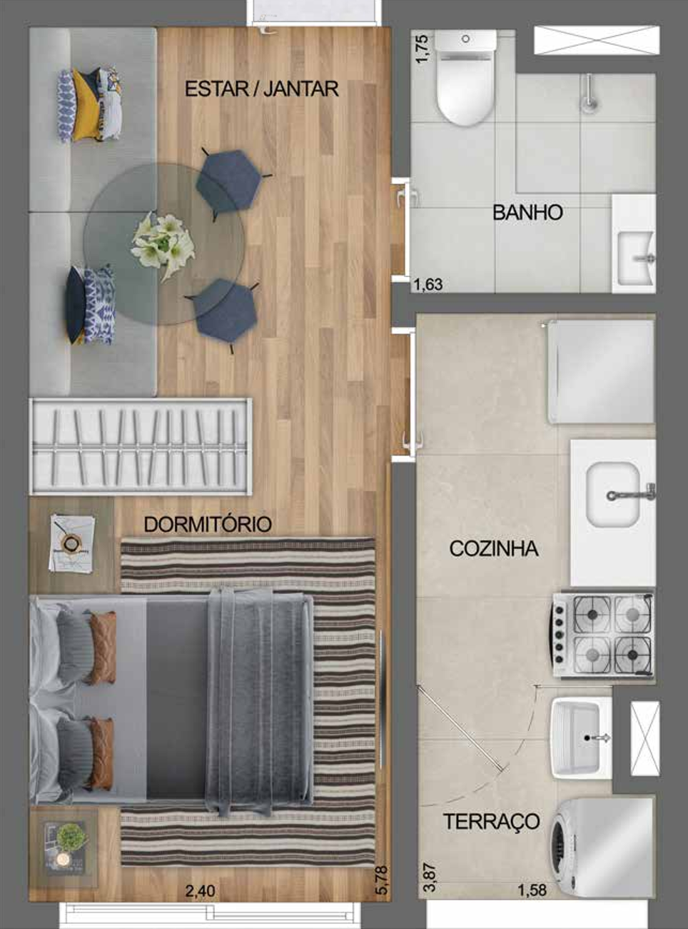 Planta 01 - 1 dorm 27m - studio