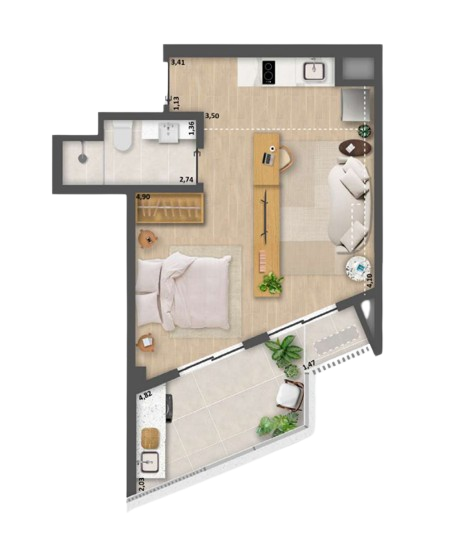 Planta 02 - 1 dorm 43m - opo