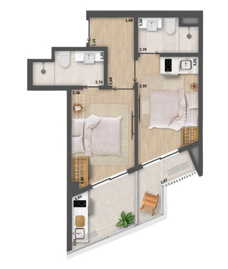 Planta 01 - 2 dorm 43m