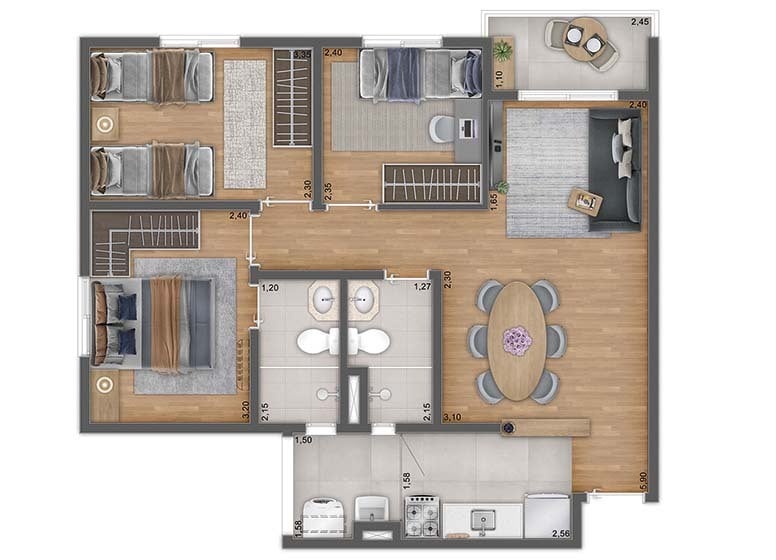 Planta 02 - 3 dorm 60,52m