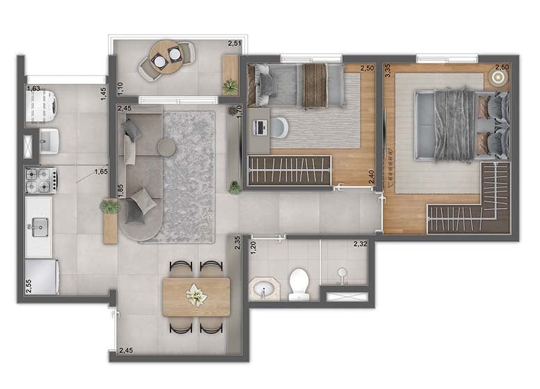 Planta 01 - 2 dorm 47,20m
