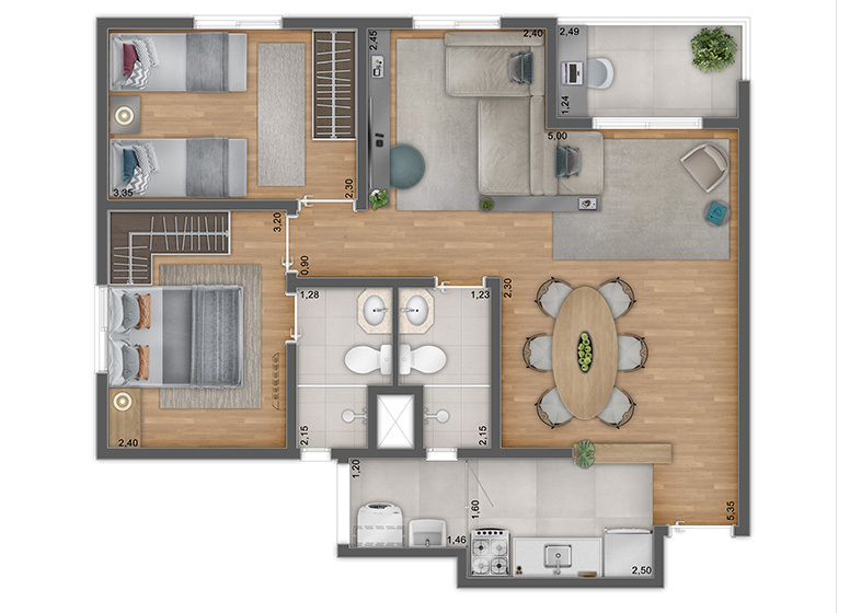Planta 04 - 2 dorm 59,45m - opo