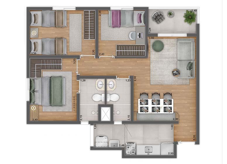Planta 03 - 3 dorm 59,45m