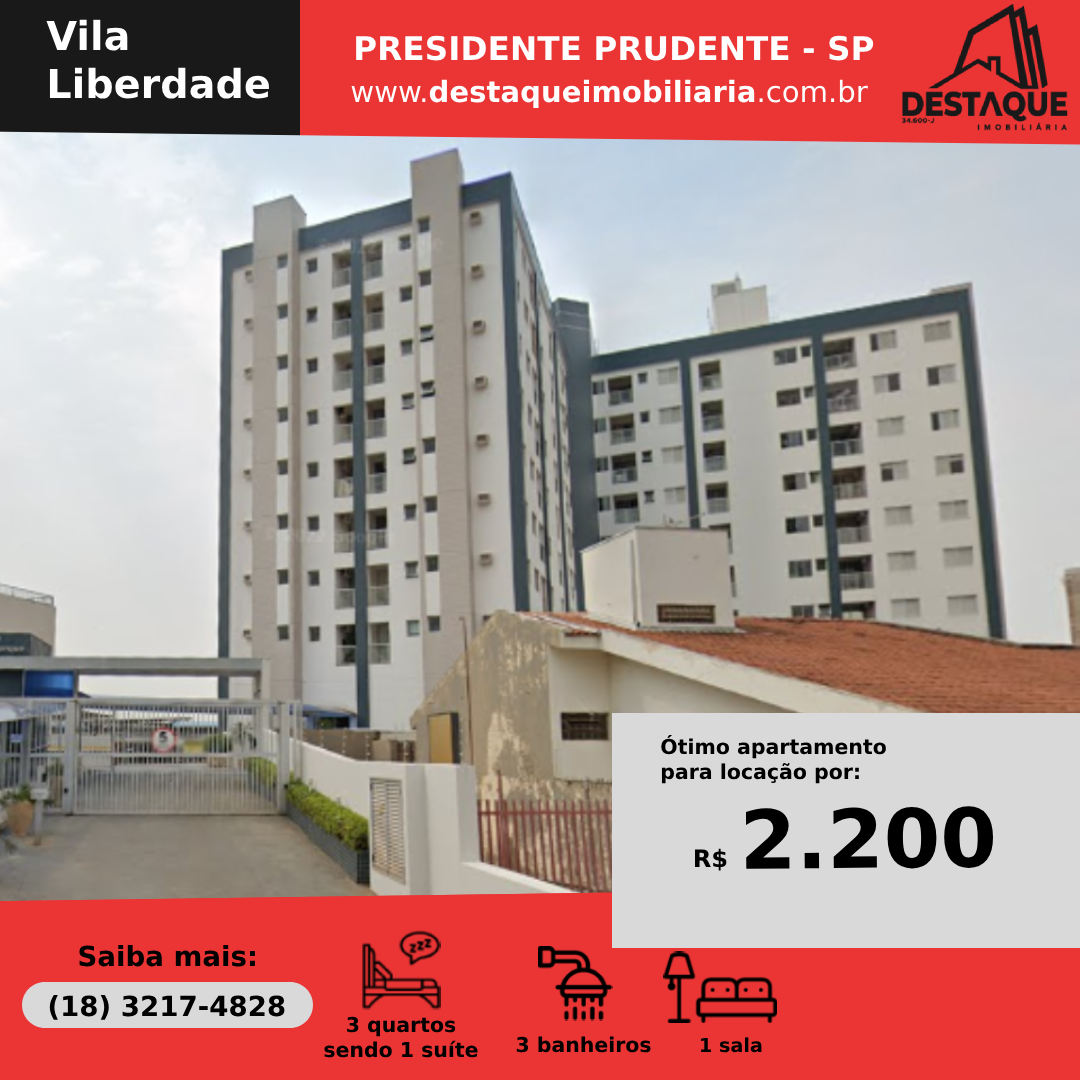 Apartamento para Locação, em Presidente Prudente, bairro Vila Liberdade, 3 dormitórios, 3 banheiros, 1 suíte, 2 vagas