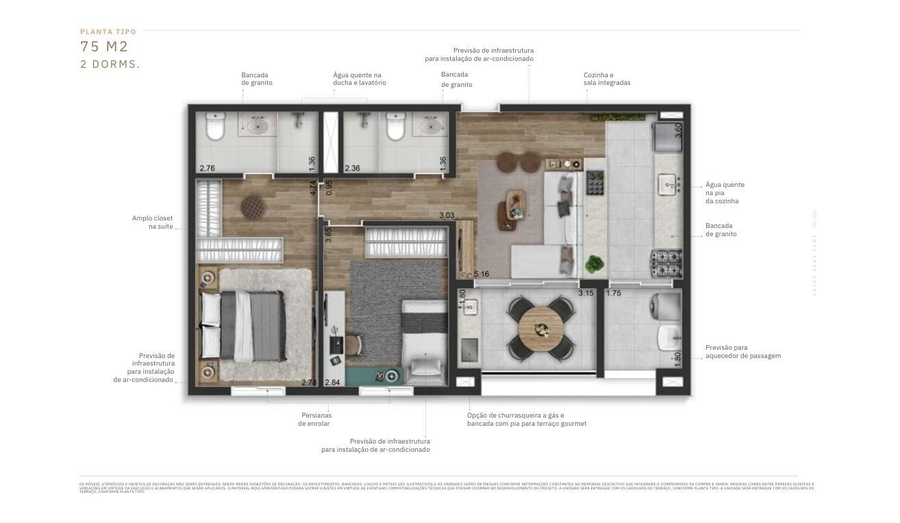 Apto 2 Dorms - 75m