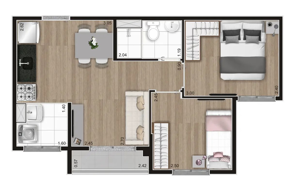 Planta 02 - 2 dorm 38m�