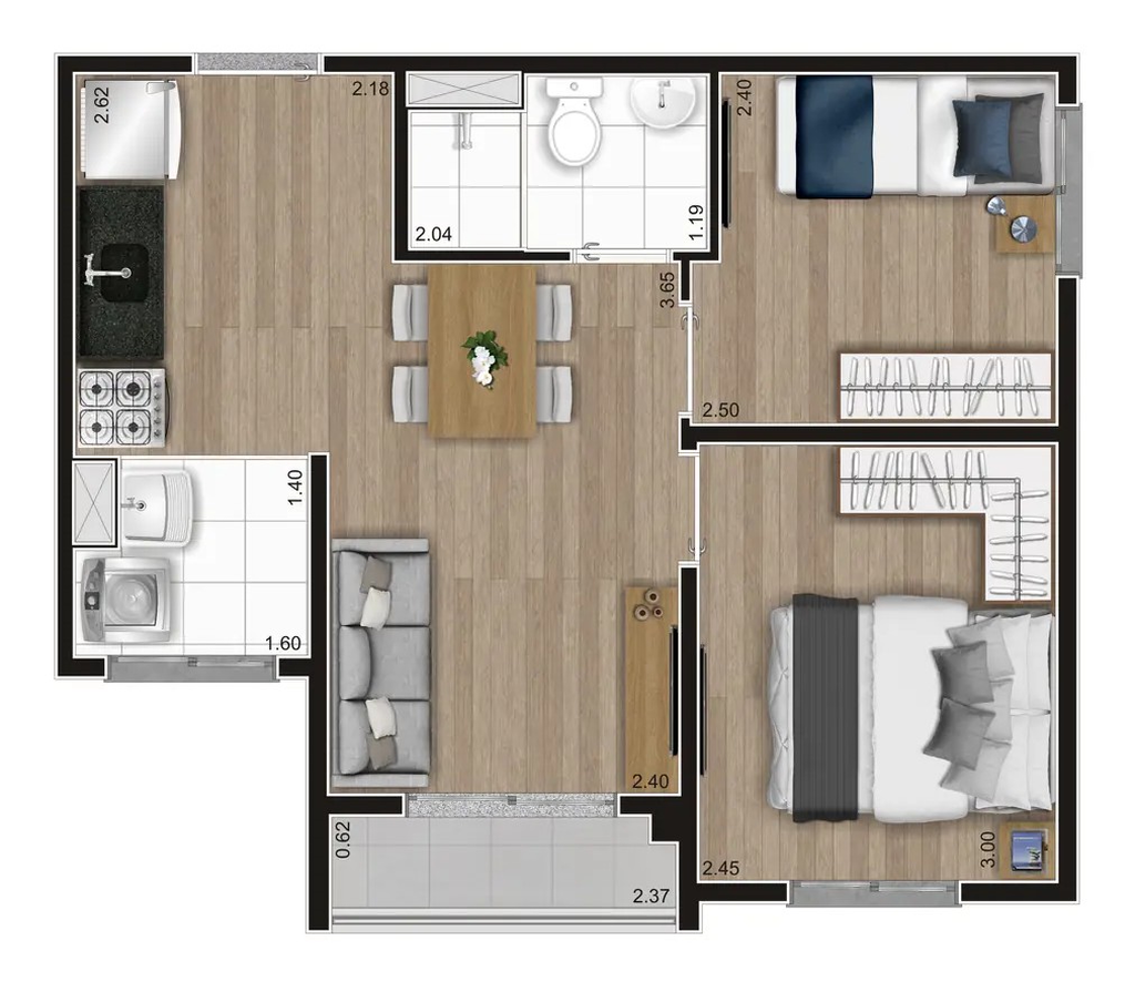 Planta 01 - 2 dorm 38m�
