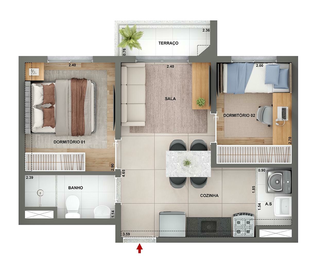 Planta 02 - 2 dorm 36,80m�
