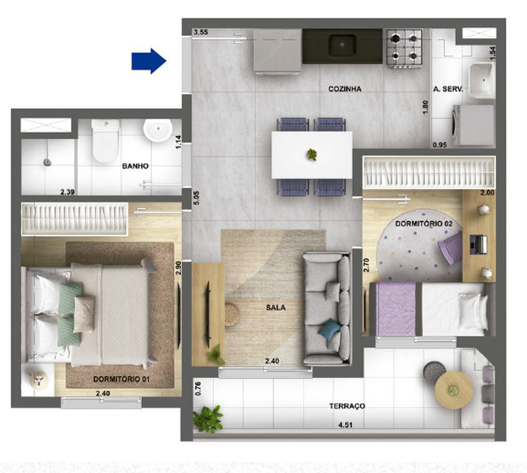 Planta 03 - 2 dorm 40,94m�