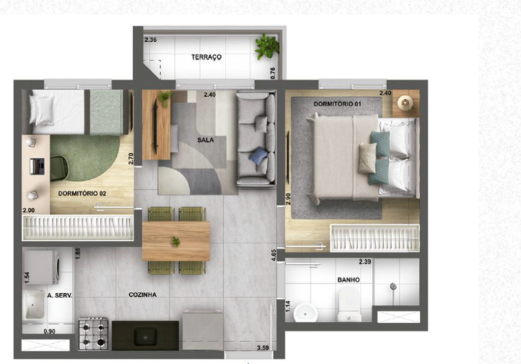 Planta 02 - 2 dorm 36,70m�