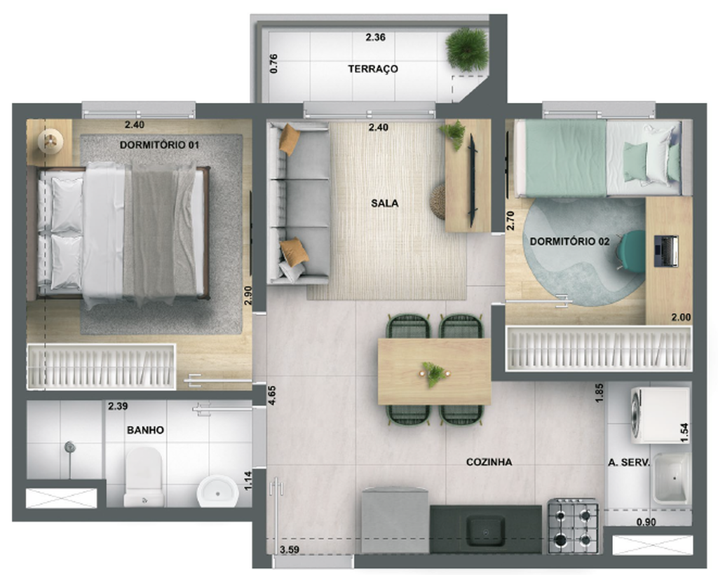 Planta 01 - 2 dorm 36,80m�