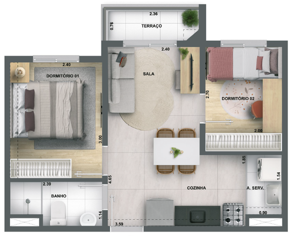 Planta 02 - 2 dorm 37,04m�