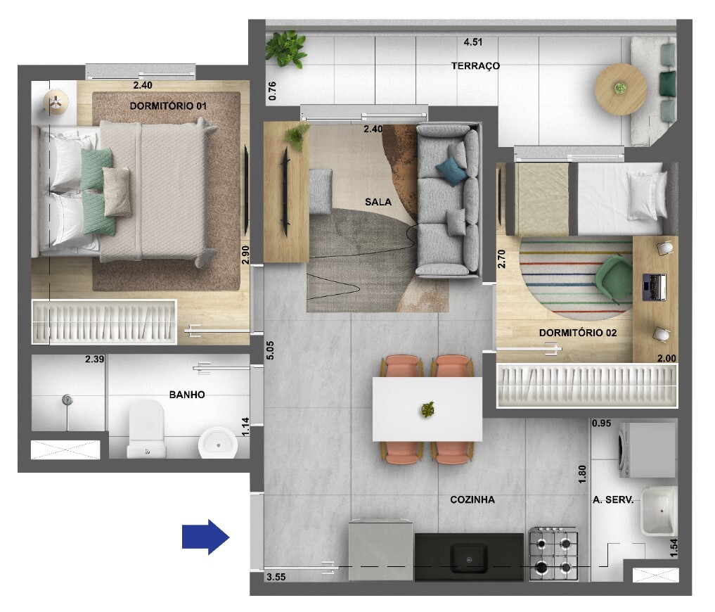 Planta 03 - 2 dorm 40,94m�