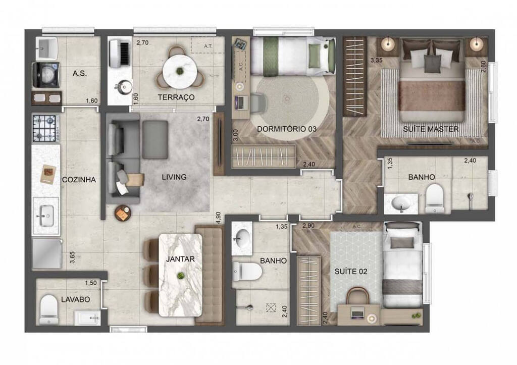 Planta 05 - 3 dorm 70m²
