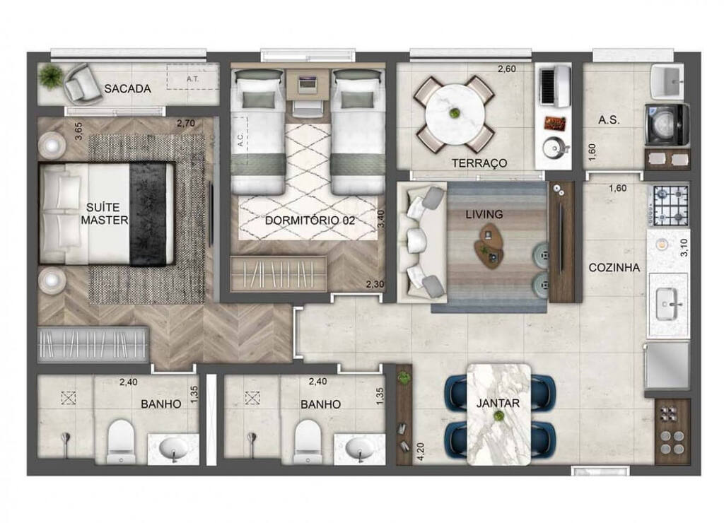 Planta 03 - 2 dorm 62m²