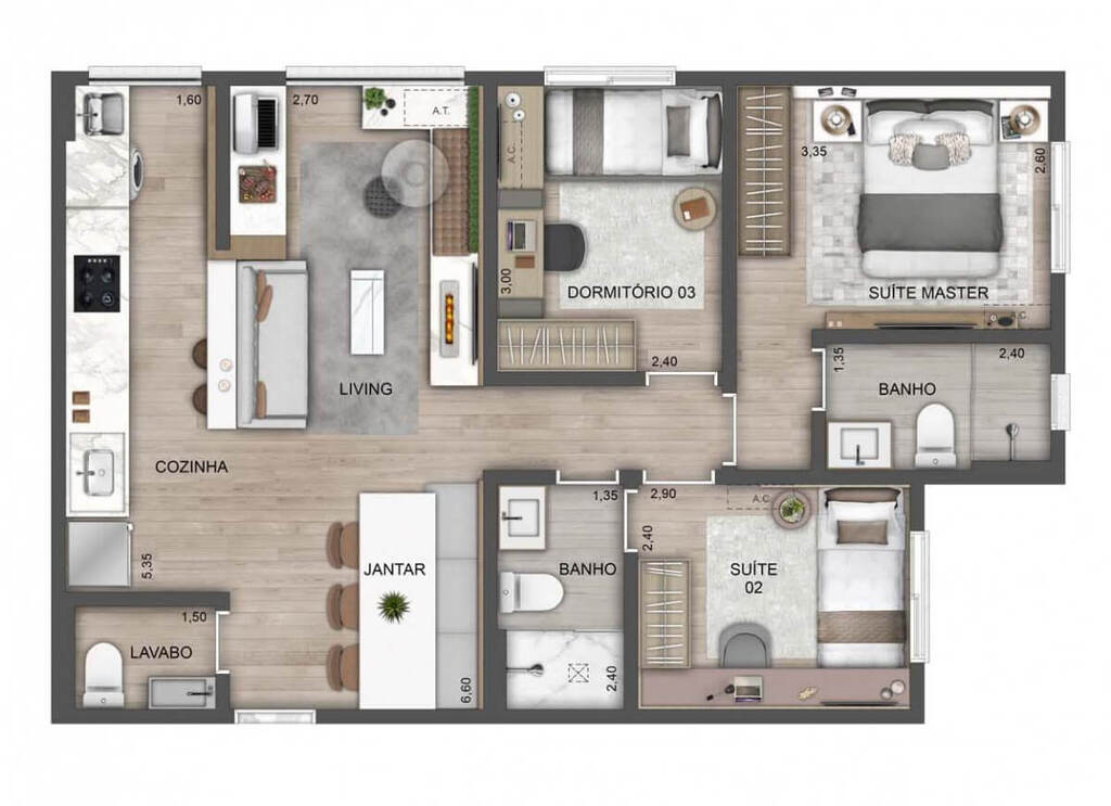 Planta 06 - 3 dorm 70m² - opção