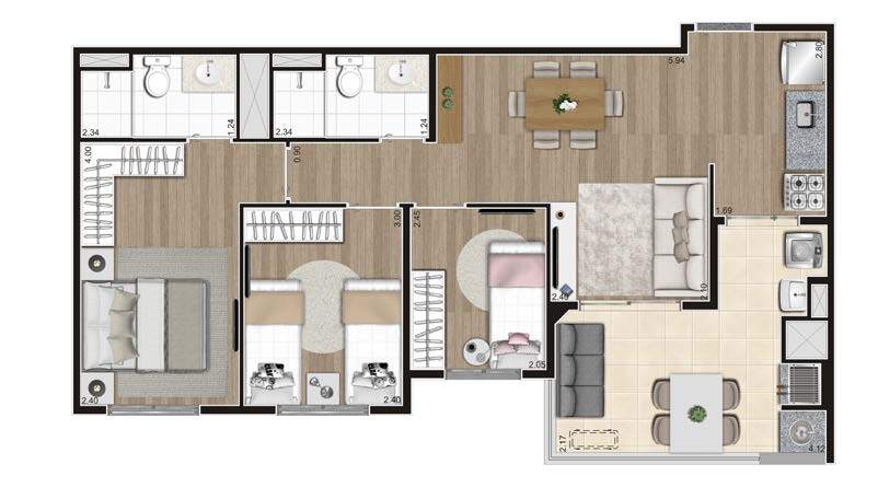 Planta 04 - 3 dorm 67m²