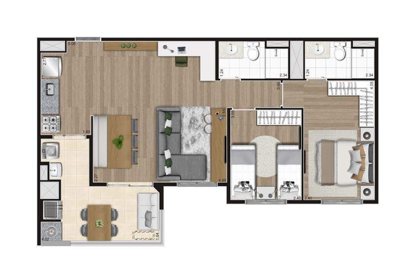 Planta 08 - 2 dorm 69m² - opção