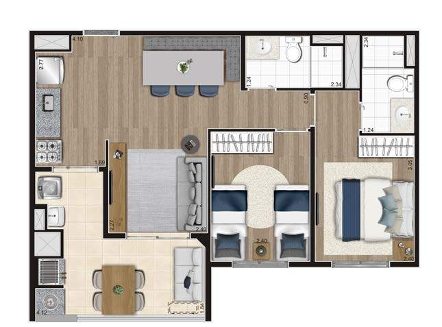 Planta 01 - 2 dorm 59m²
