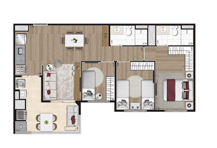 Planta 07 - 3 dorm 69m²