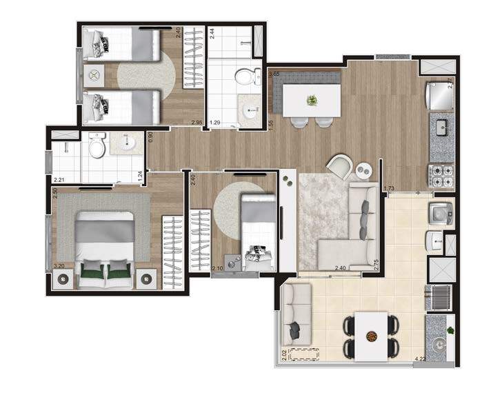 Planta 03 - 3 dorm 67m²