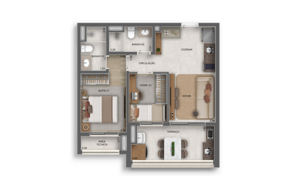 Planta 02 - 2 dorm 52m²