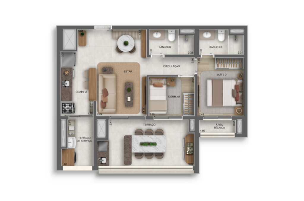 Planta 03 - 2 dorm 62m²