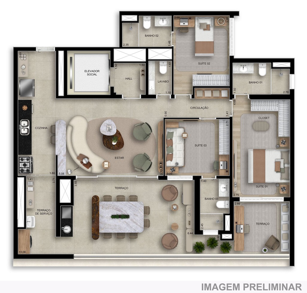 Planta 04 - 3 dorm 134m�