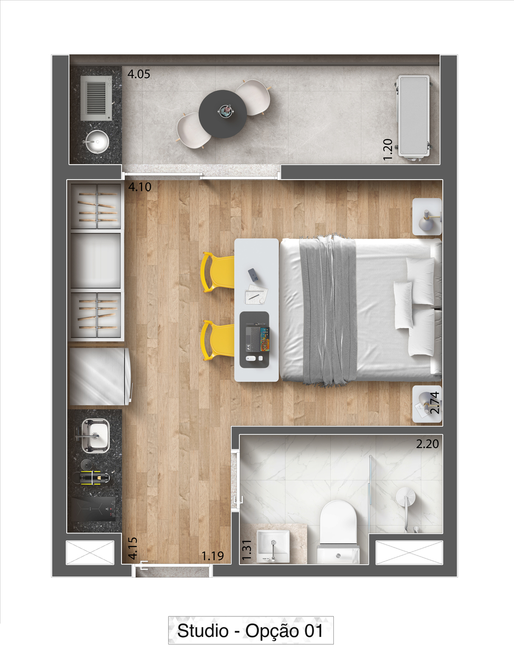 Planta 01 - 1 dorm 23,91m² - studio