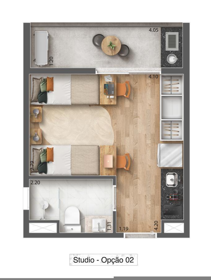 Planta 02 - 1 dorm 23,91m² - studio
