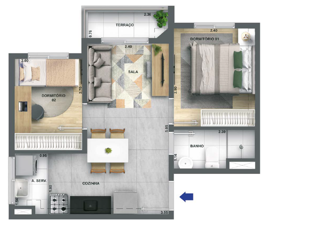 Planta 04 - 2 dorm 37,86m²